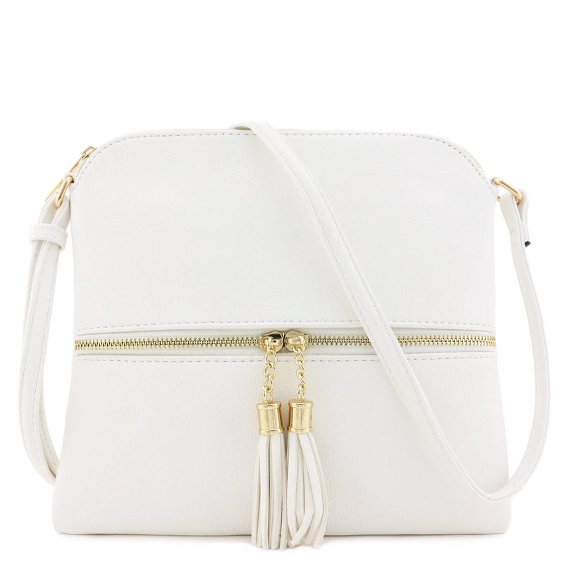 DELUXITY Lightweight Medium Crossbody Bag with Tassel (White) - Image 1